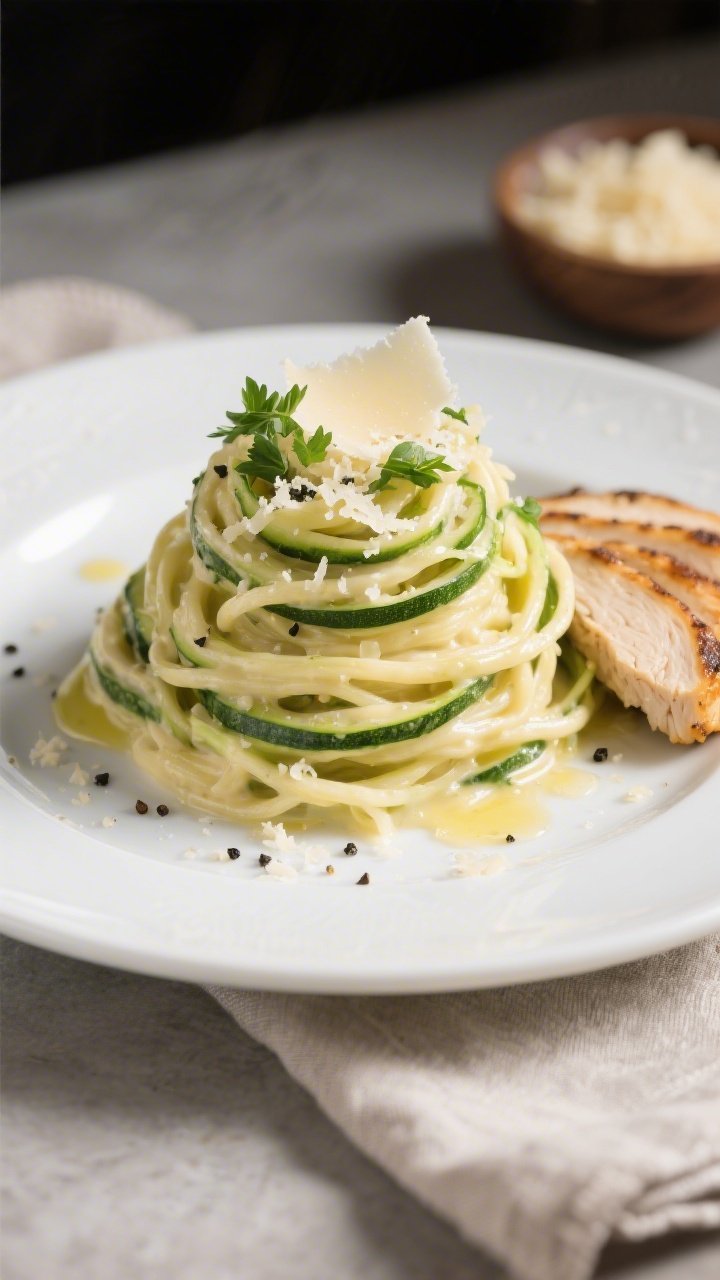 Final plated dish: Restaurant-quality Keto Zucchini Noodles Alfredo twirled into a tall nest on a wi