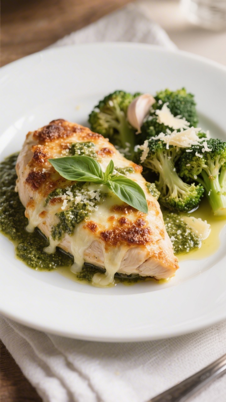 Final plated dish: Restaurant-quality plating of a juicy chicken breast topped with bubbly, browned