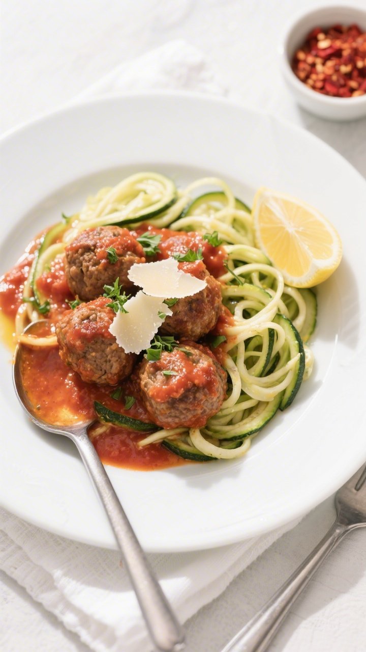 Final plated dish: Restaurant-quality presentation of keto Italian meatballs served over twirled zuc