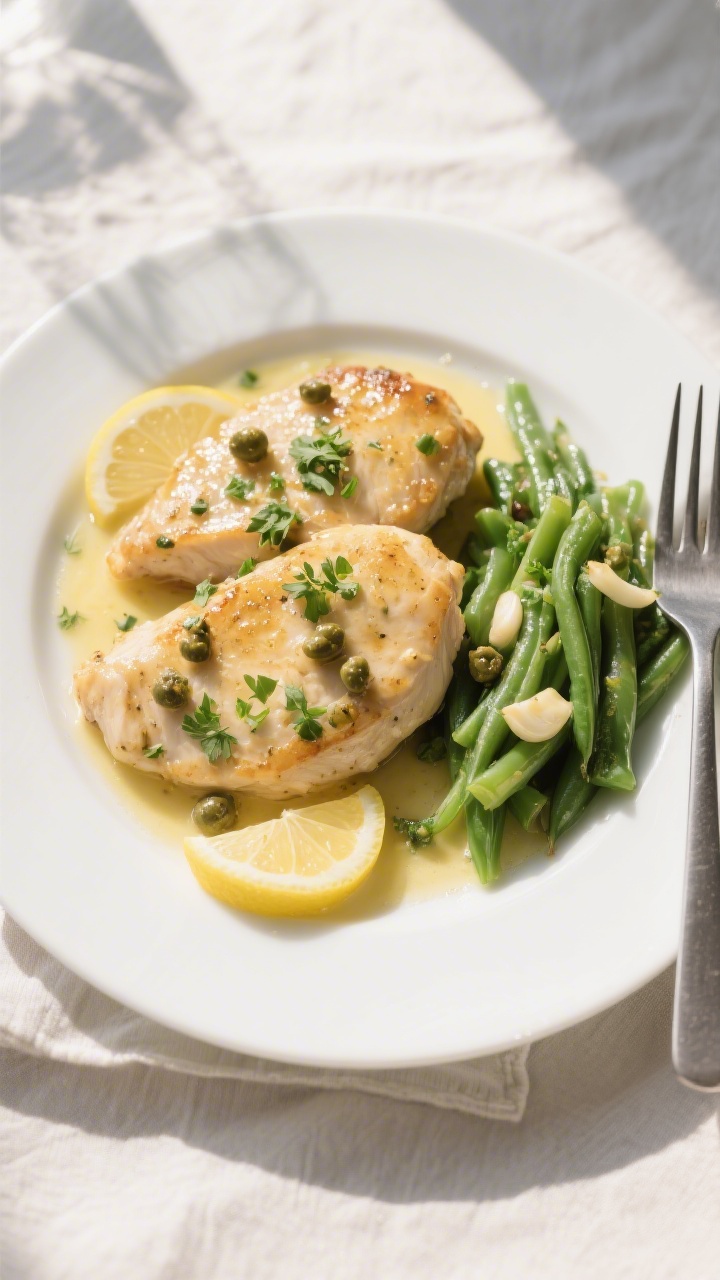 Final plated dish: Restaurant-quality presentation of Keto Chicken Piccata on a white, shallow rimme