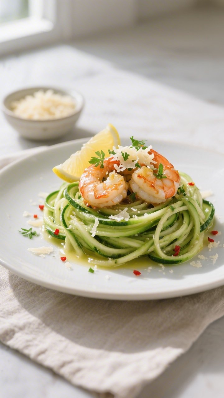 Final plated dish, restaurant-quality presentation: Keto Garlic Butter Shrimp with Zoodles twirled i