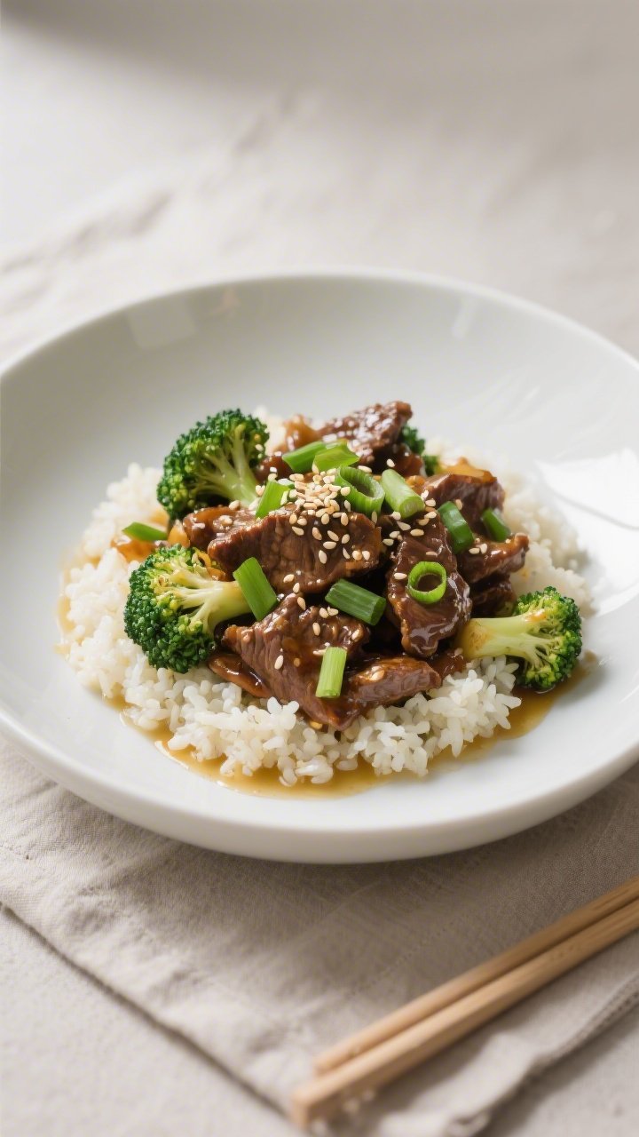 Final plated dish, restaurant-quality presentation: Keto Beef and Broccoli Stir Fry mounded in a wid