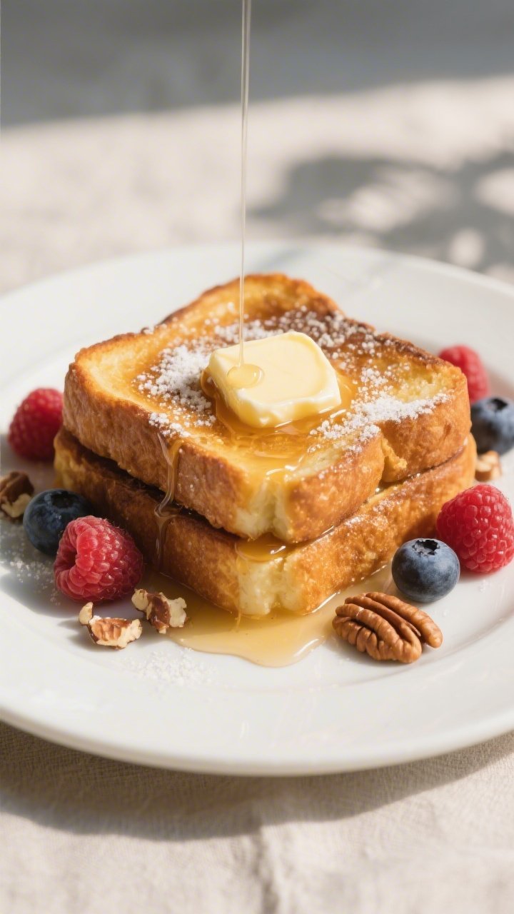 Final plated dish, restaurant-quality presentation: Two slices of Keto French Toast stacked slightly