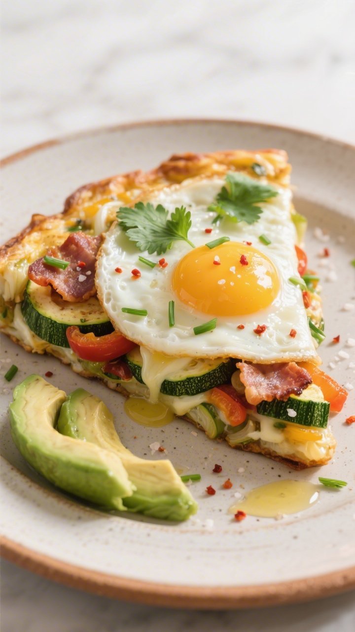 Final plated dish, restaurant-quality presentation: A generous wedge of the keto breakfast skillet s