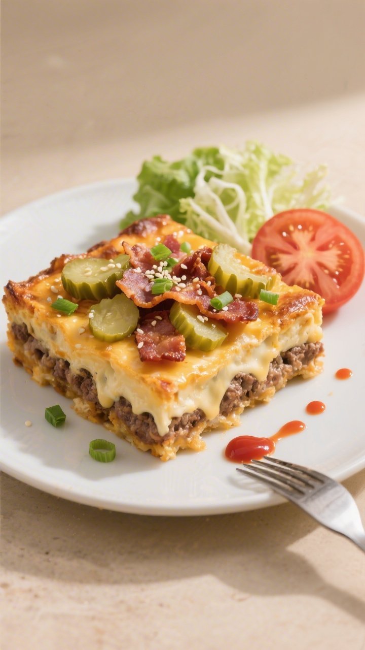 Final plated dish: Restaurant-quality presentation of a neatly cut square of Loaded Keto Cheeseburge