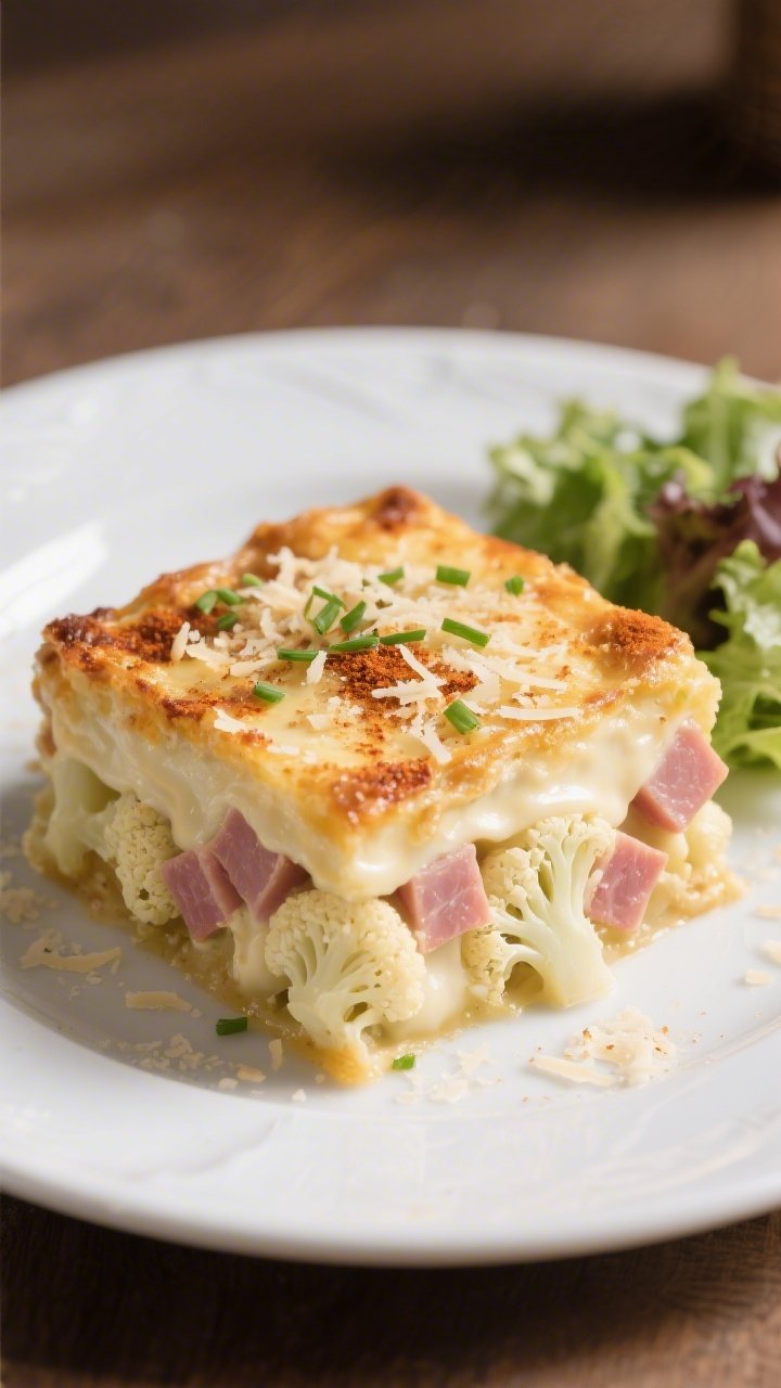 Final plated dish: Restaurant-quality presentation of a generous square of the casserole on a white 