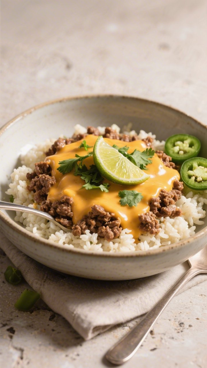 Final plated dish, restaurant-quality presentation: A generous bowl of the creamy ground beef queso 