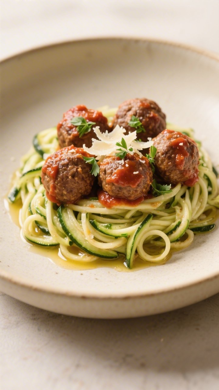 Final plated dish: Restaurant-quality presentation of keto meatballs over sautéed zucchini noodles,