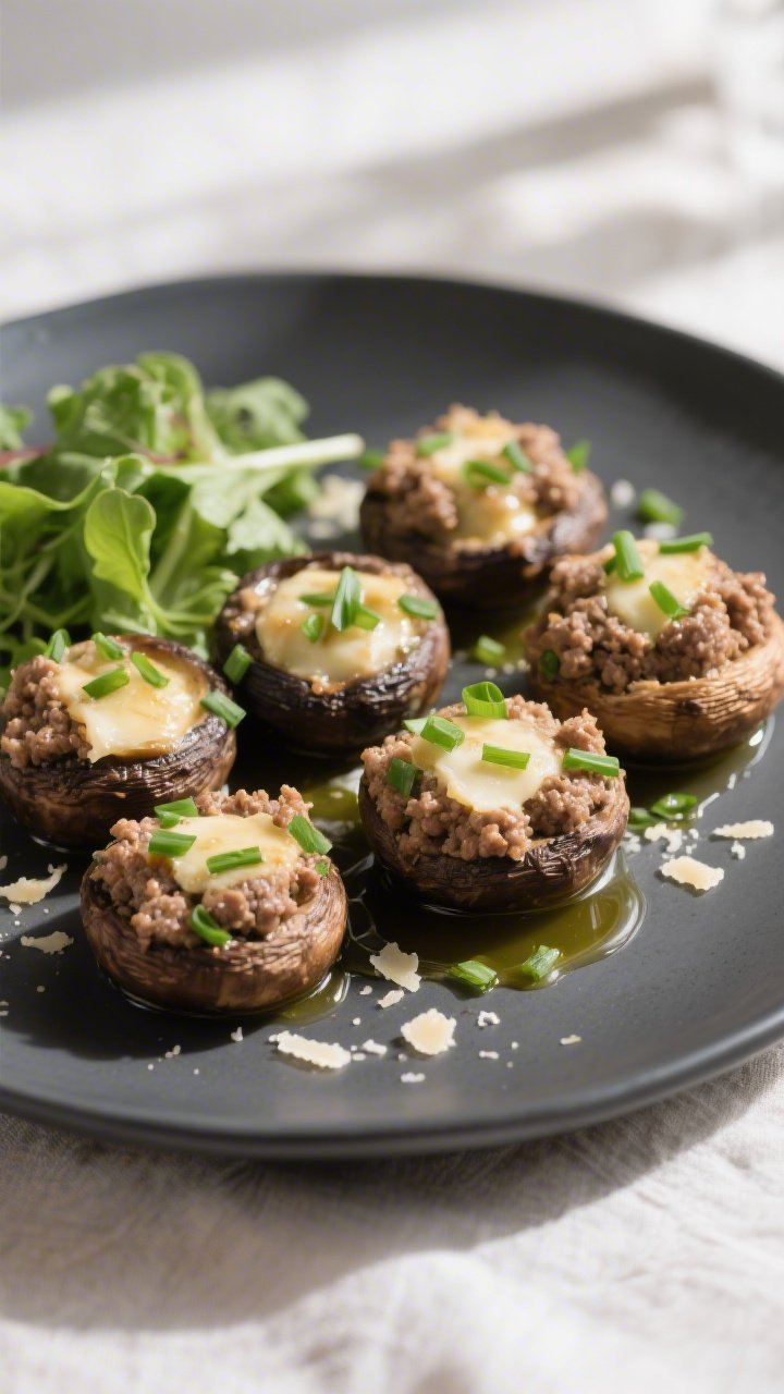Final plated dish: Restaurant-quality presentation of keto ground beef stuffed mushrooms arranged on