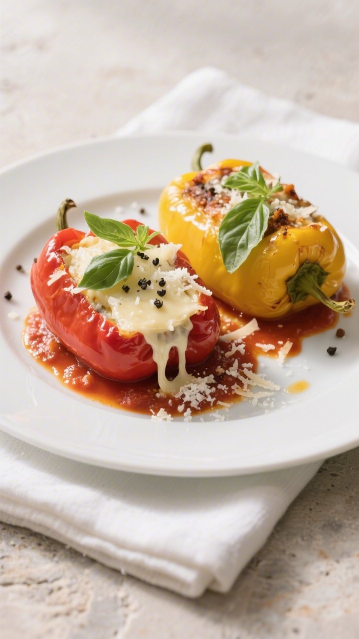 Final plated dish: Restaurant-quality presentation of two stuffed peppers (one red, one yellow) on a