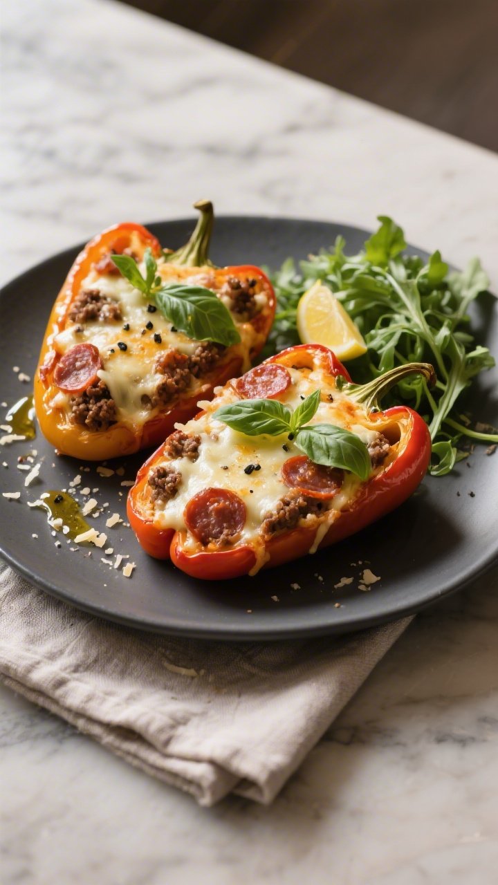 Final plated dish: Restaurant-quality presentation of two keto ground beef pizza stuffed peppers on