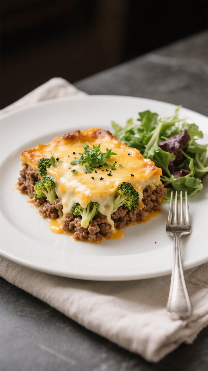 Final plated dish: Restaurant-quality presentation of a generous square of Keto Ground Beef Cheesy B