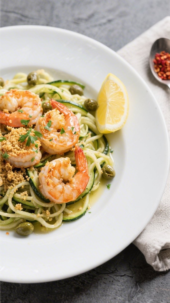 Final plated dish: Restaurant-quality presentation of Keto Shrimp Scampi Bake over neatly twirled zu