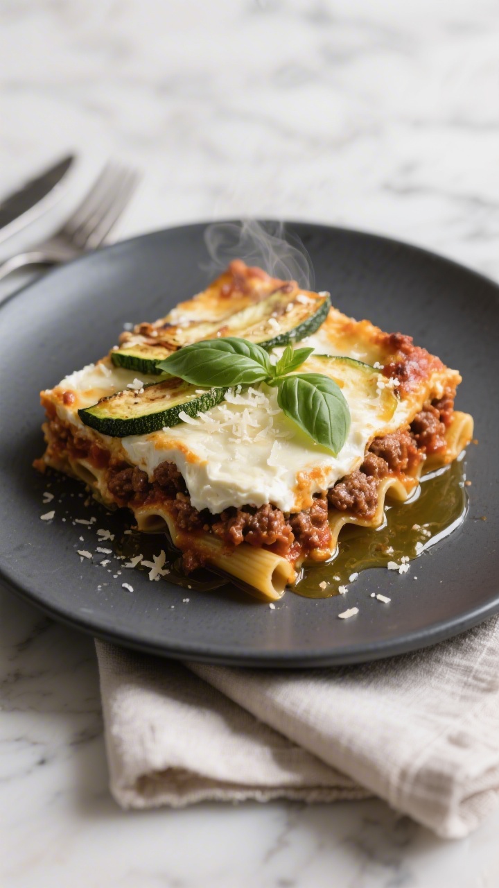 Final plated dish: Restaurant-quality presentation of a square slice of keto baked ziti on a matte c