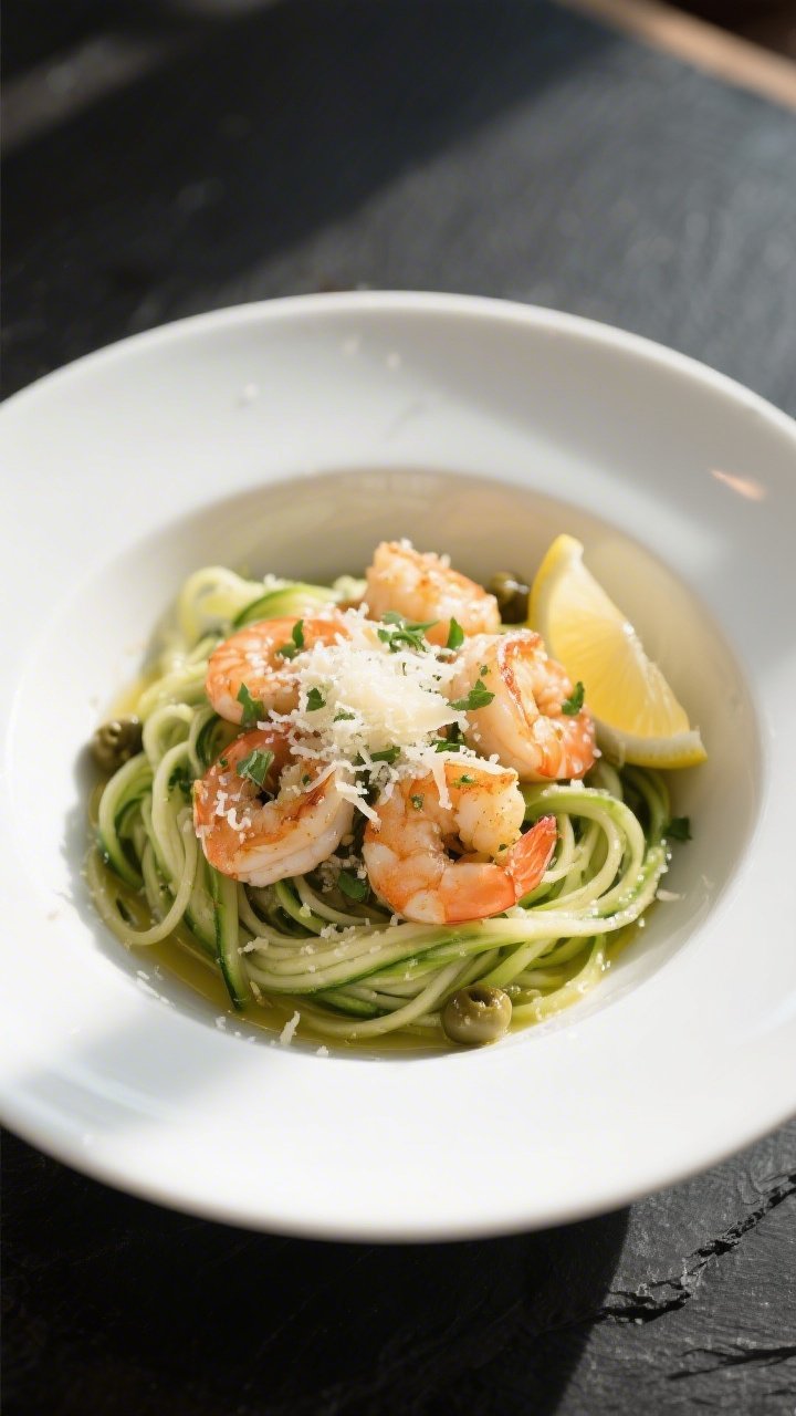 Final plated dish, restaurant-quality presentation: Beautifully plated Keto Shrimp Zoodle Bowl in a 