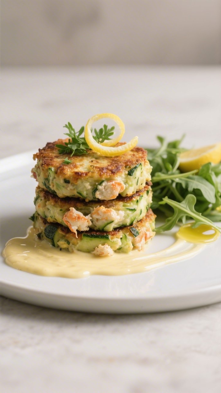 Final plated dish: Restaurant-quality presentation of keto zucchini crab cakes stacked in a slight o