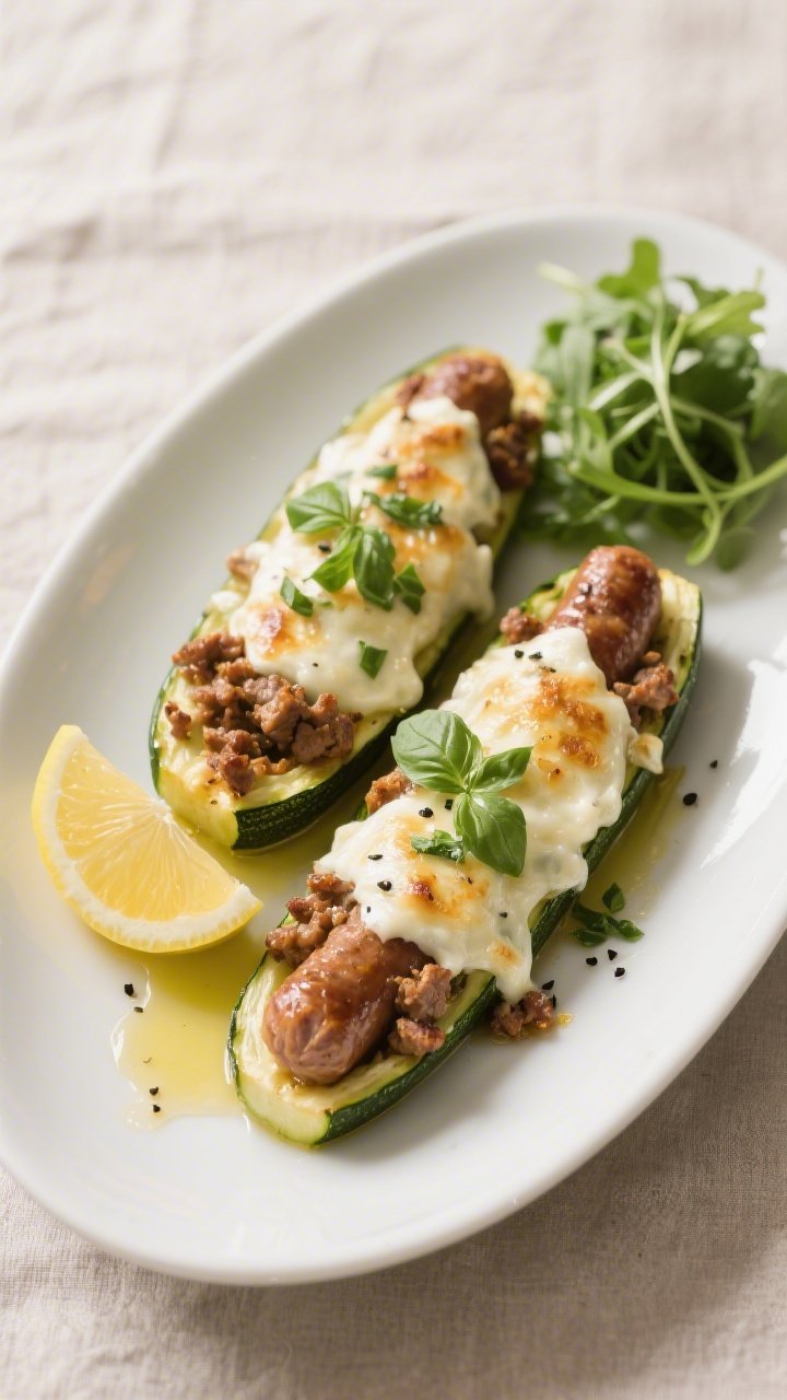 Final plated dish: Restaurant-quality presentation of two keto zucchini sausage boats on a matte whi