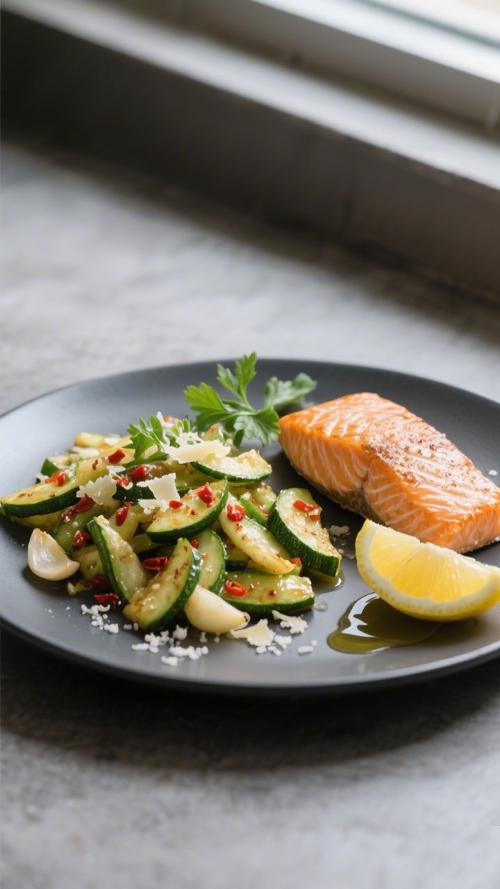 Final plated dish, restaurant-quality presentation: Beautifully plated Keto Zucchini Lemon Garlic St