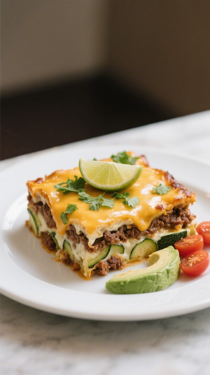 Final plated dish: Restaurant-quality presentation of a neat square slice of Keto Zucchini Taco Cass