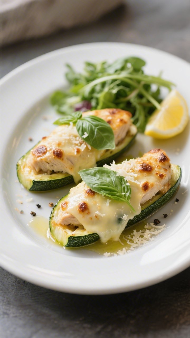 Final plated dish: Restaurant-quality presentation of two keto zucchini cheesy chicken boats on a ma