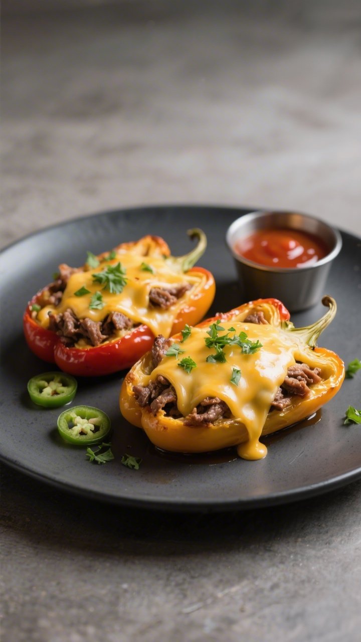 Final plated dish, restaurant-quality presentation: baked Keto Philly Cheesesteak Stuffed Peppers on