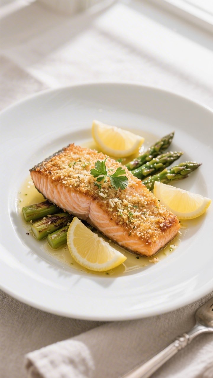 Final plated dish: Restaurant-quality presentation of Keto Garlic Parmesan Salmon on a matte white p