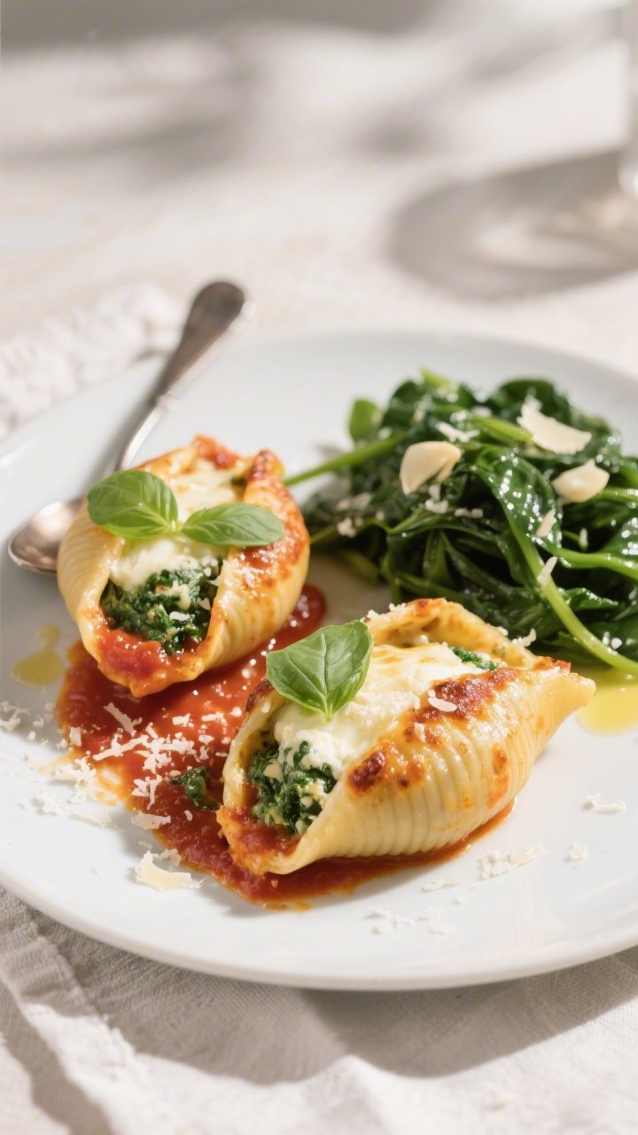 Final plated dish: Restaurant-quality presentation of two keto spinach ricotta stuffed shells on a m