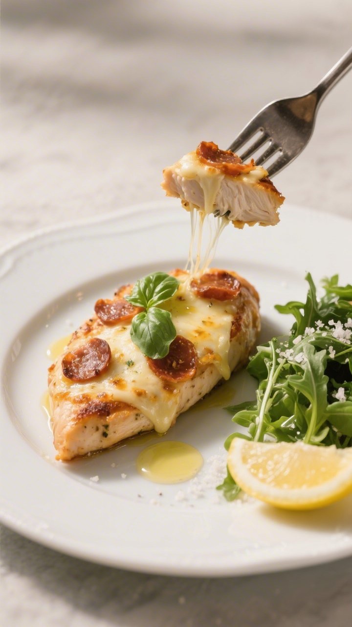 Final plated dish: Restaurant-quality presentation of a single chicken breast “pizza” on a white