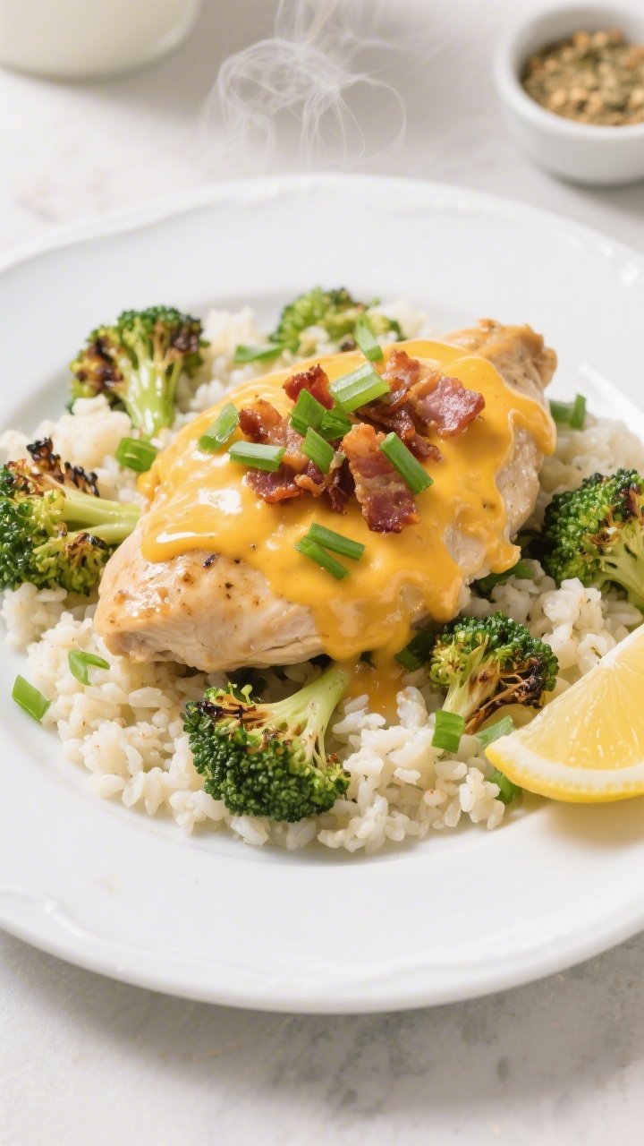 Final plated dish: Restaurant-quality presentation of Keto Crack Chicken served over roasted broccol