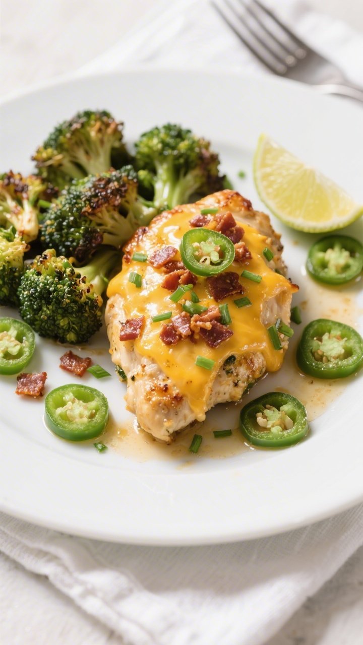 Final plated dish: Restaurant-quality presentation of Keto Jalapeño Popper Chicken on a matte white