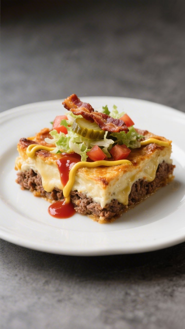 Final plated dish: Restaurant-quality presentation of a neatly cut square of the baked casserole on 