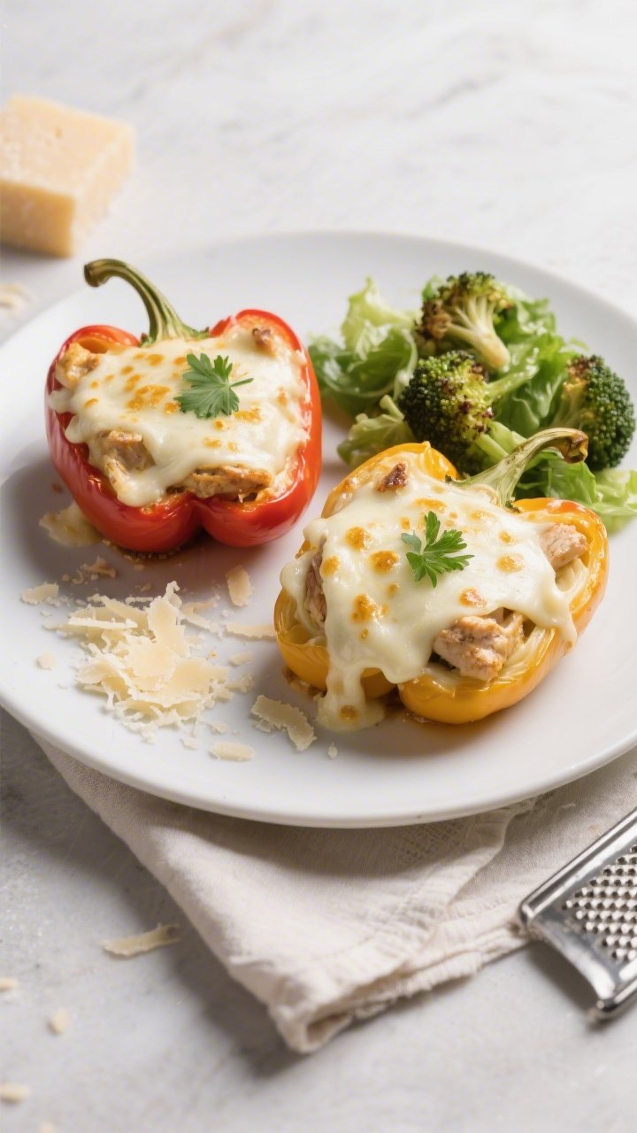 Final plated dish: Restaurant-quality presentation of two Keto Chicken Alfredo Stuffed Pepper halves