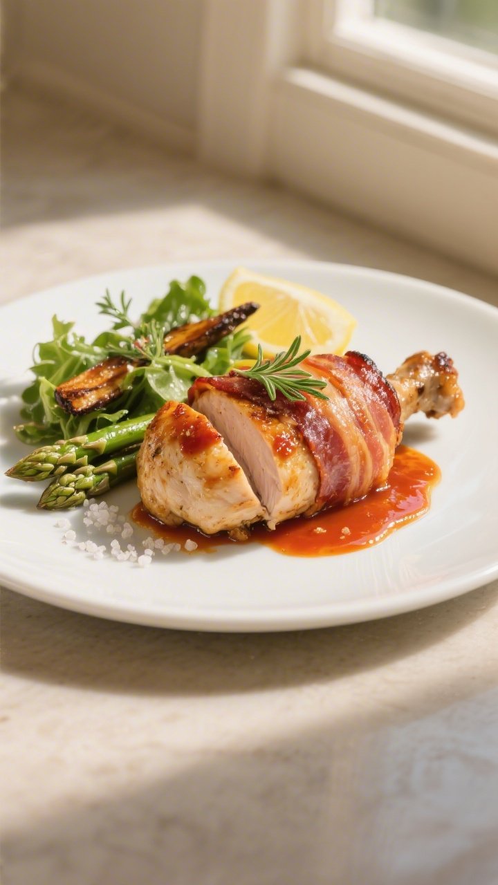 Final plated dish: Restaurant-quality presentation of a single bacon-wrapped chicken thigh sliced to