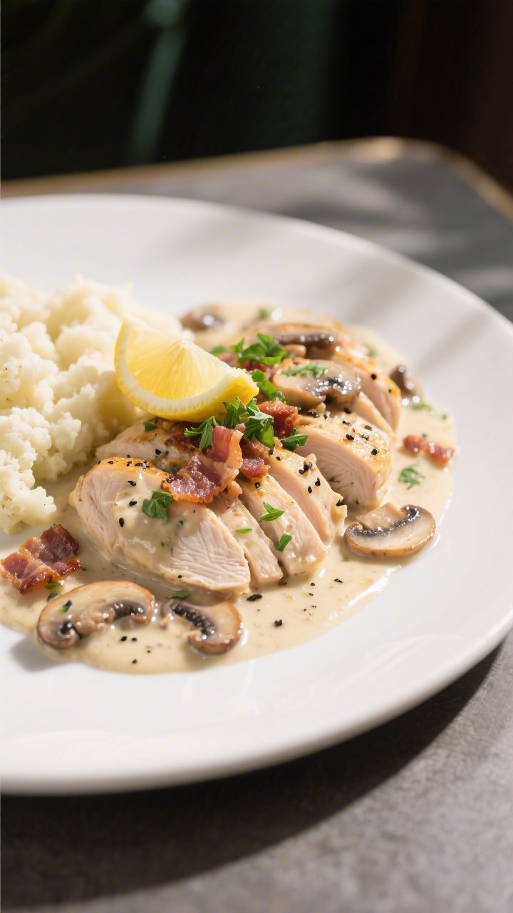 Final plated dish, restaurant-quality presentation: Keto Creamy Bacon Mushroom Chicken served on a w