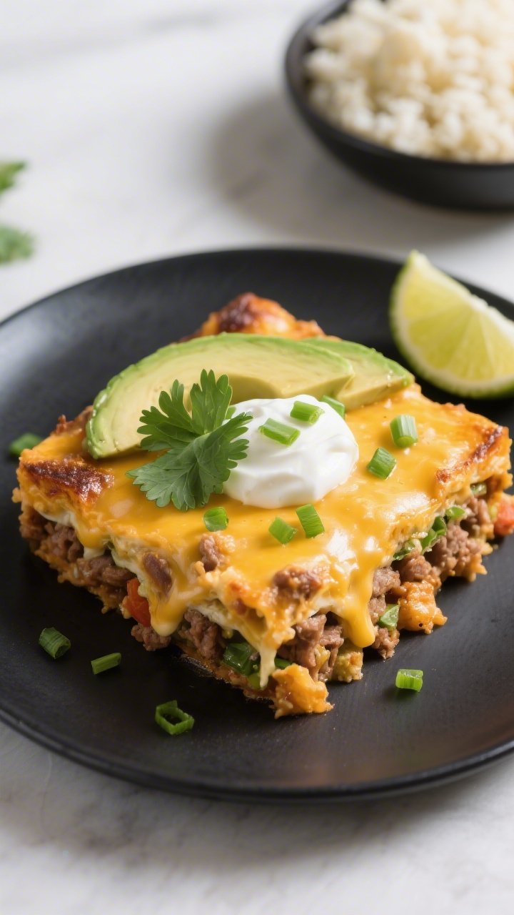 Final plated dish: Restaurant-quality presentation of a generous square of Keto Cheesy Taco Casserol