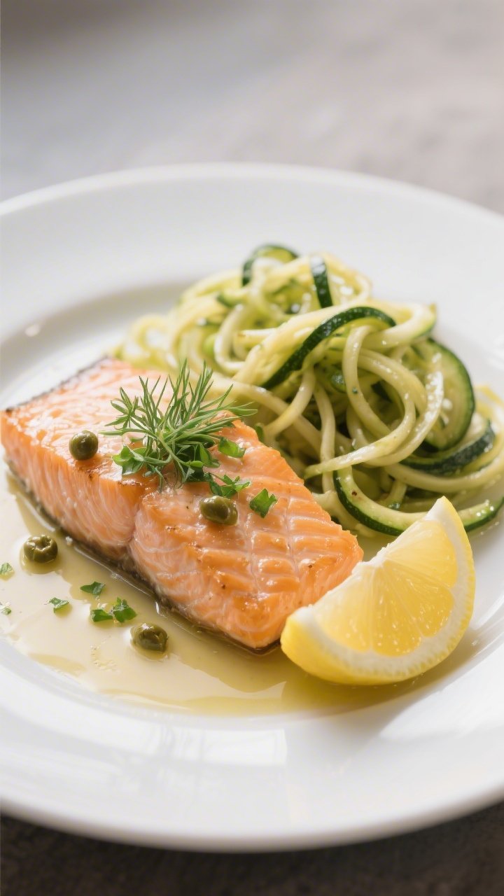 Final plated dish, restaurant-quality presentation: Beautifully plated salmon fillet on a matte whit