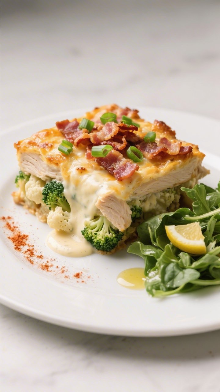 Final plated dish: Restaurant-quality presentation of a generous square of Keto Chicken Bacon Ranch 