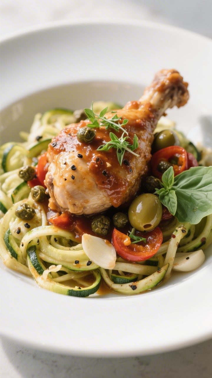 Final plated dish: Restaurant-quality presentation of keto chicken cacciatore served in a shallow wh