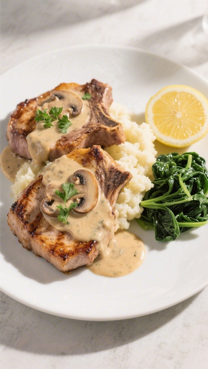 Final plated dish: Restaurant-quality presentation of Keto Creamy Mushroom Pork Chops on a matte whi