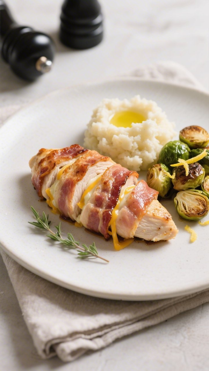 Final plated dish: Restaurant-quality presentation of sliced keto bacon-wrapped chicken breast fanne