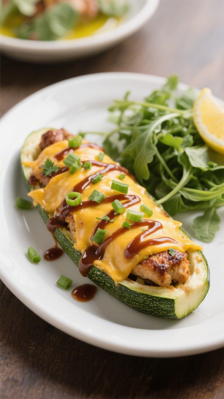 Final plated dish: Restaurant-quality presentation of keto BBQ chicken zucchini boats on a matte whi