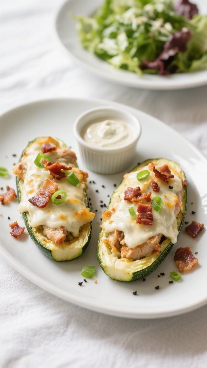 Final plated dish: Restaurant-quality presentation of two Keto Chicken Bacon Ranch Stuffed Zucchini 