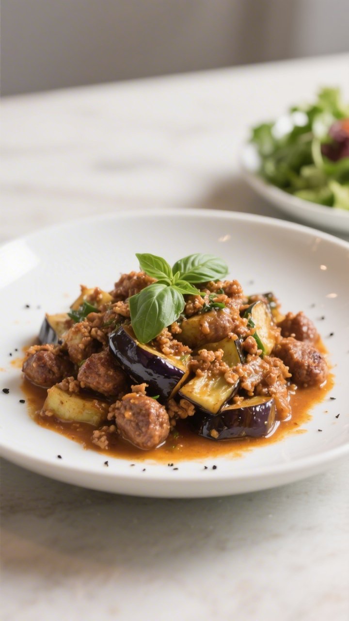 Final plated dish: Restaurant-quality presentation of a generous scoop of Keto Sausage Eggplant Skil