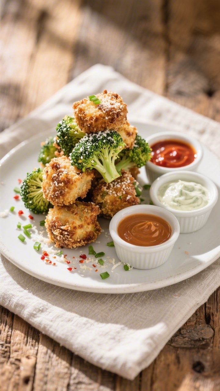 Final plated dish: Restaurant-quality presentation of Keto Crispy Parmesan Broccoli Bites stacked on