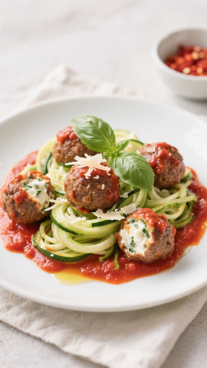 Final plated dish: Restaurant-quality presentation of keto ricotta-stuffed meatballs served over zuc