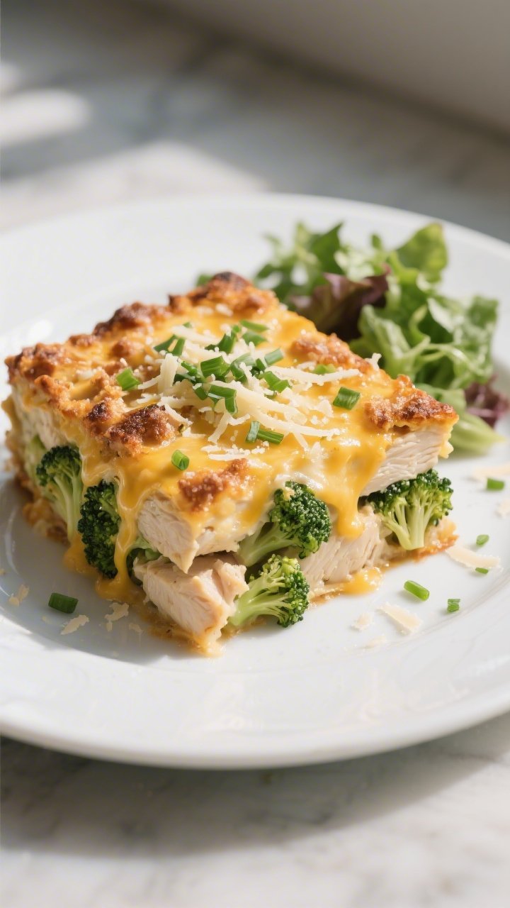 Final plated dish: Restaurant-quality presentation of a generous square of the broccoli cheddar chic