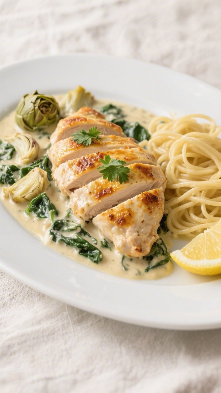 Final plated dish: Restaurant-quality presentation of Creamy Spinach & Artichoke Chicken Bake sliced