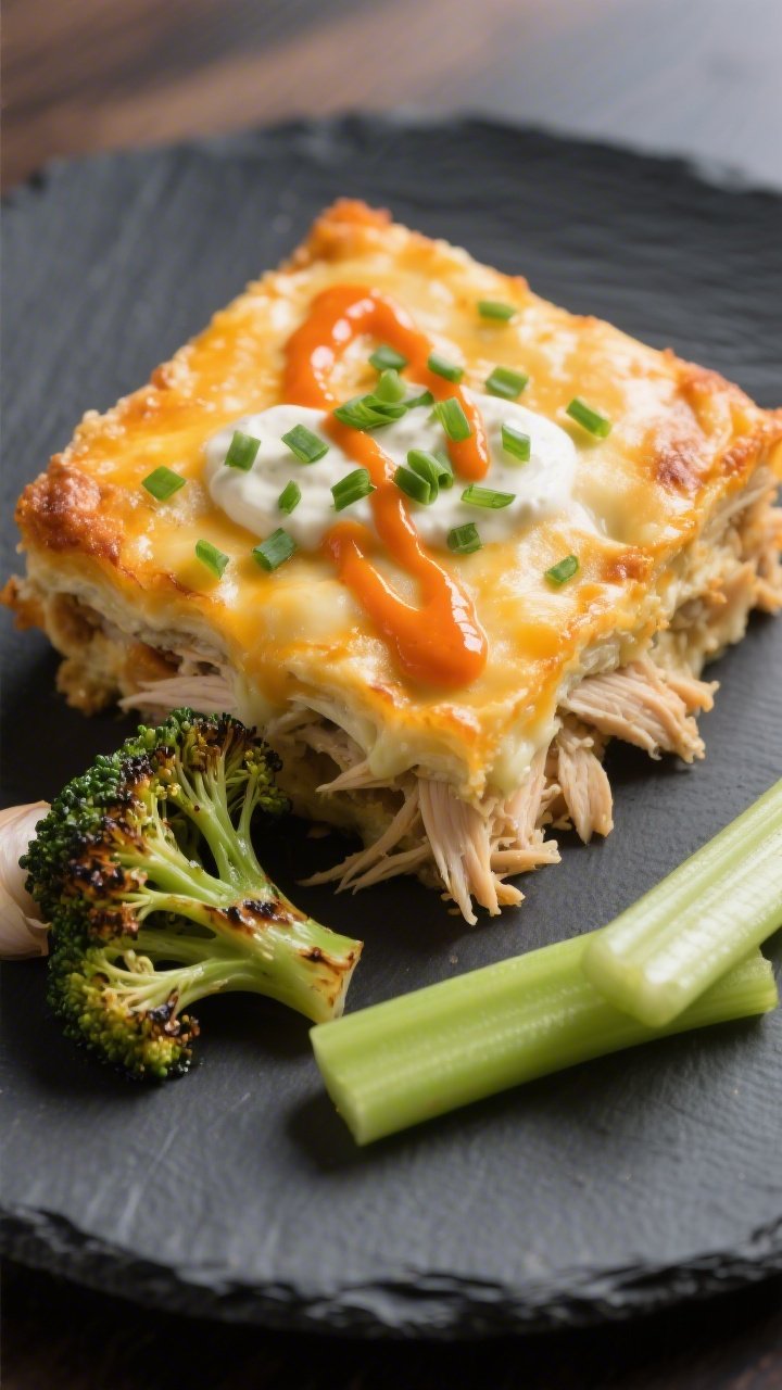 Final plated dish: Restaurant-quality presentation of a neat square serving of the casserole on a da