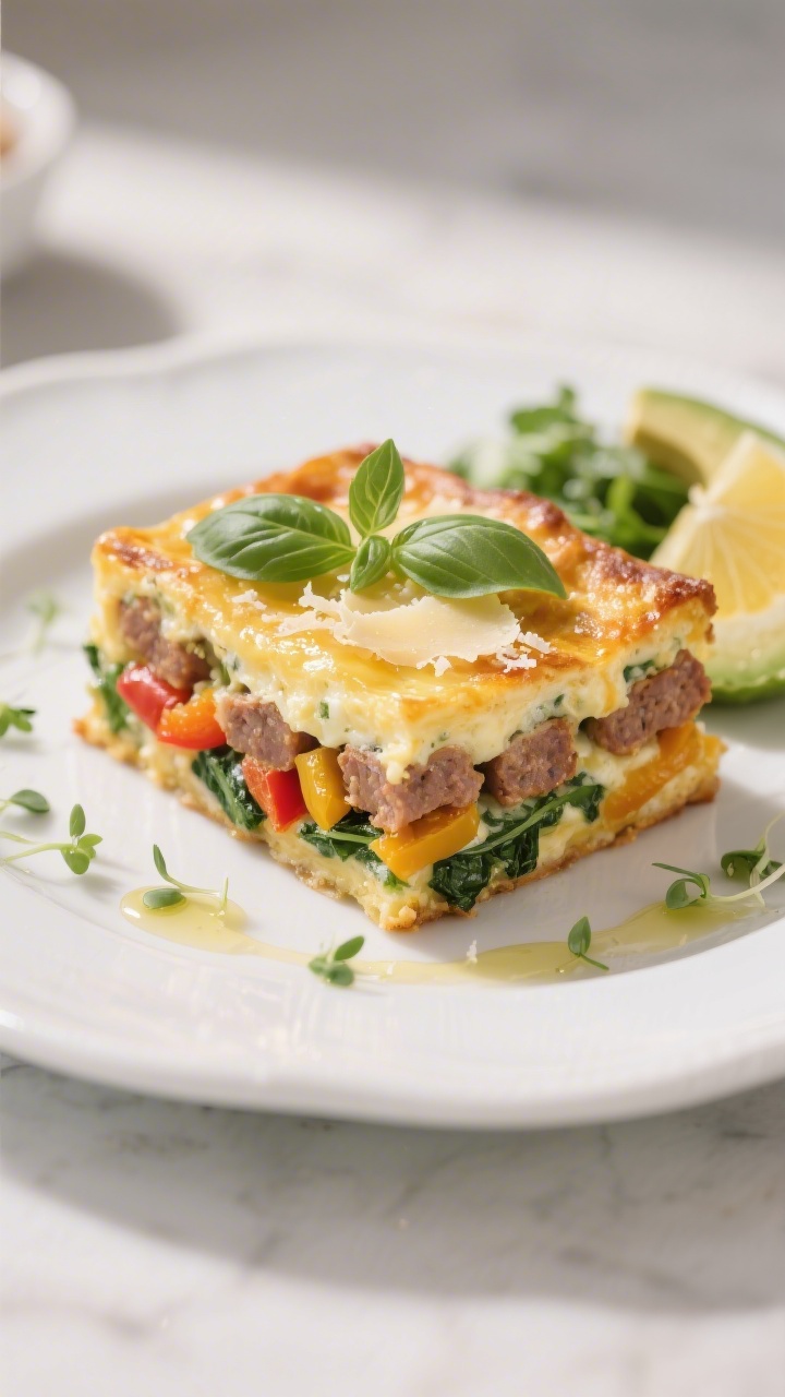 Final plated dish, restaurant-quality presentation: A neat square slice of keto sausage breakfast ca