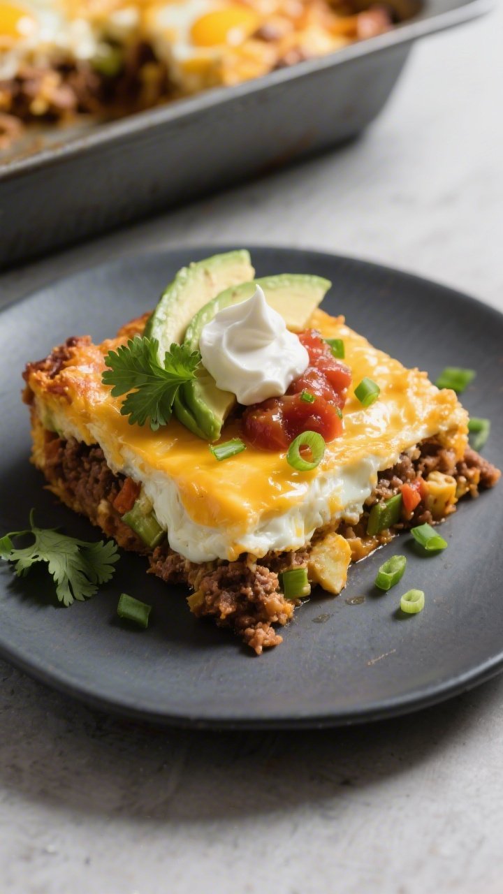 Final plated dish: Restaurant-quality slice of Keto Taco Breakfast Casserole on a matte dark plate, 